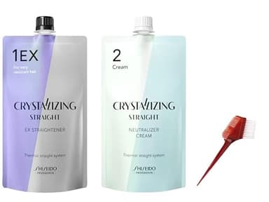 Japanese Hair Rebonding and Straightening Treatment - Permanent Crystallizing Straightener (1EX) with Neutralizing Cream (2) for Very Resistant Hair, Includes Hair Brush