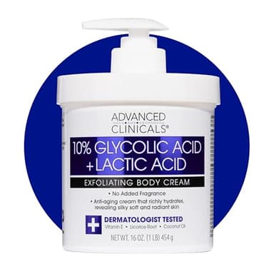 Advanced Clinicals 10% Glycolic Acid + Lactic Acid Lotion Exfoliant Moisturizing Cream With Hyaluronic Acid Moisturizer | AHA Exfoliating Body Cream Improves Look Of Uneven Rough Skin Texture, 16 Oz