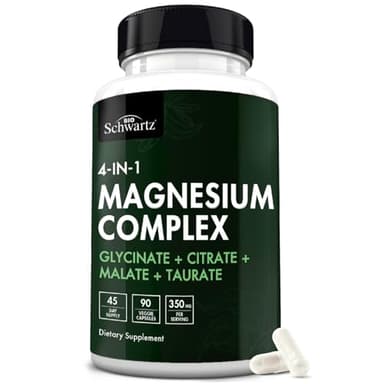 BioSchwartz Magnesium Complex Supplement (90 Capsules) 350mg Magnesium Glycinate Citrate Malate and Taurate Per Serving for Healthy Nerves Muscles Heart Sleep Support (Vegan, Gluten-Free, Non-GMO)
