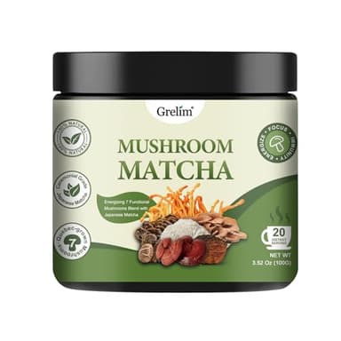 Grelim Mushroom Matcha Infused With 7 Superfood Mushrooms, MCT Oil, Coconut Milk Powder - Great Tasting Matcha Latte 3.52 Oz