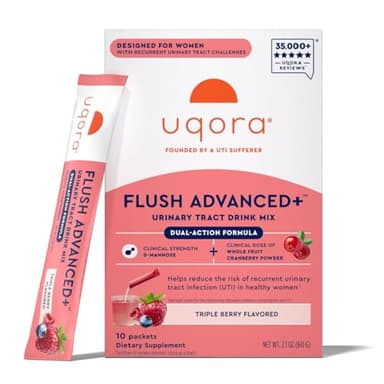 Uqora Flush Advanced+ - Helps Reduce Risk of Recurrent UTI** - with Cranberry, D-Mannose, Vitamin C, Vitamin B6 & Potassium - Gluten-Free & Vegan - Triple Berry Flavor - 10 Packets (1 Pack)