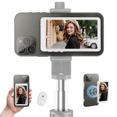 4.02" Magnetic Vlog Selfie Monitor Screen iPhone, Back Camera Selfie Screen with Remote Controller, Vlog Video Recording for iPhone, Wireless Screen Mirroring, Compatible with iPhone Android, White