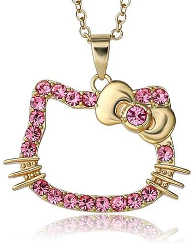 SALLY ROSE Hello Kitty Pink Crystal Necklace for Women Official License, 18" 18k Gold Flash-Plated Hello Kitty Pendant Necklace