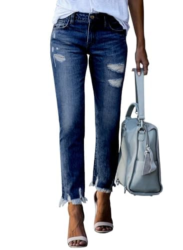 EVALESS Stretchy Jeans for Women 2025 Boyfriend High Waisted Ripped Distressed Frayed Hem Tummy Control Jean Size 8 Navy Blue