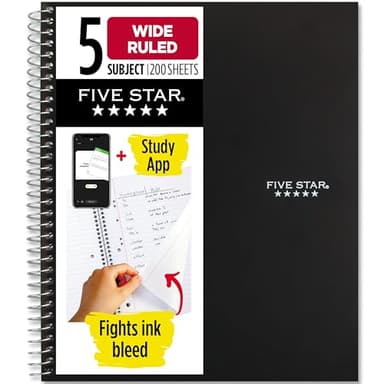 Five Star Spiral Notebook + Study App, 5 Subject, Wide Ruled Paper, 8" x 10-1/2", 200 Sheets, Fights Ink Bleed, Water Resistant Cover, Black (72045)