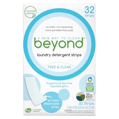 Beyond Laundry Detergent Strips [32 strips] - Free & Clear - Eco-friendly, Hypoallergenic. Travel friendly. Dissolvable Strips.