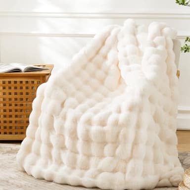 BENVWE Faux Fur Throw Blanket for Couch - Cozy Plush Fluffy Soft Thick Bubble Blanket for Living Room Home Decor - Mothers Day Birthday Gifts for Women, Cream White, 51" x 63"
