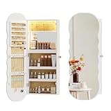 Lvifur Jewelry Armoires with LED Lights, Hanging Jewelry Storage Cabinet Lockable Wavy Mirror Jewelry Organizer, Lockable Frameless Mirror with Storage, LED Jewelry Cabinet Wall/Door Mounted(White)