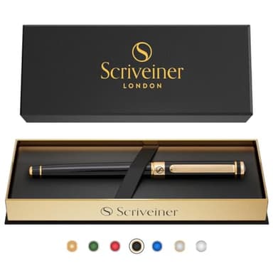 Scriveiner Black Lacquer Rollerball Pen - Stunning Luxury Pen, Real Gold Plating, Schmidt Ink Refill, Best Roller Ball Gift Set for Men & Women, Professional, Executive Office, Nice Pens