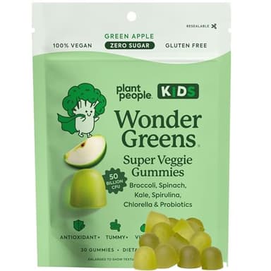 WonderGreens Kids Super Veggie Gummies – Sugar-Free, Allergen-Free Multivitamin for Picky Eaters with Probiotics – Tummy & Immune Support – Green Apple Flavor (30 Count)