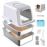 Stainless Steel Sifting Cat Litter Box with Lid, XL Fully Enclosed Multi-Purpose Metal Sifting Litter Box for Big Cats, Anti-Leakage, Easy Clean, Include Scoop, Liner, Pee Pad, Carbon Filter and Hook