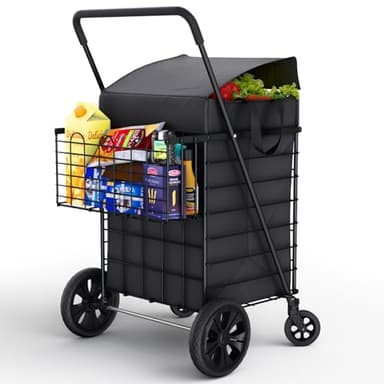 Our Modern Space Shopping Cart w/Waterproof Basket Liner & Large 360° Swivel Wheels | Foldable Collapsible & Lightweight | Perfect for Groceries Laundry Utility Cart - Black