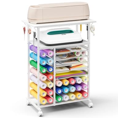 Rolling Craft Storage Cart with 29 Vinyl Roll Holders Craft Organizers and Storage Compatible with Cricut Machines Crafting Table Organization Workstation with Wheels for Craft Room Rustic White