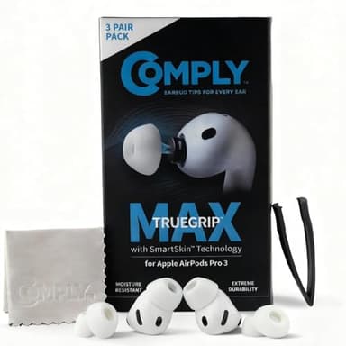 Comply TrueGrip MAX | Premium Memory Foam Replacement Earbud Tips for Apple AirPods Pro Gen 3 | Long Lasting Comfort, MAX Durability, Secure Fit, Superior Noise Isolation| White (S/M/L) (3 Pairs)