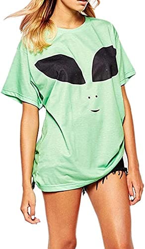 Forlisea Womens Casual Alien Print Short Sleeve Loose T-Shirt Top Oversize Graphic Tee Baggy Shirts for Women Green