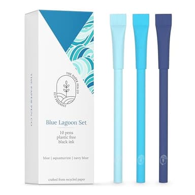 The Paper Pen Co eco-friendly pen - crafted from 100% recycled paper, plastic-free, black Ink, pack of 10, Blue Lagoon set