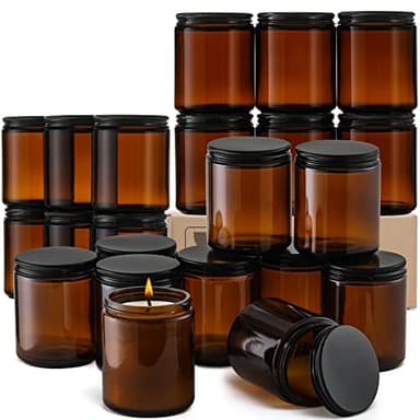 24 Pack, 8 OZ Thick Amber Candle Jars for Making Candle - Round Glass Jars with Lids - Empty Food Storage Containers, Canning/Mason Jar For Spice, Powder, Liquid, Sample - Leakproof & Food Grade
