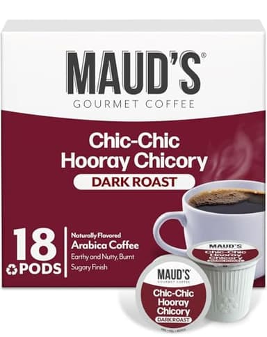 Maud's Chicory Flavored Coffee Pods, 18 ct, Dark Roast Flavored Coffee in Single Serve Pods – 100% Arabica Beans, Compatible with Keurig K Cups Maker