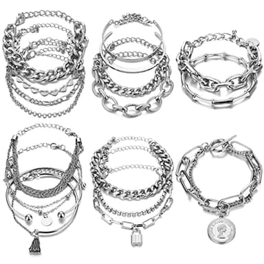 17IF 18 Pcs (6 Pack) Silver Bracelets Set for Women Boho Aesthetic Layered Stackable 14K Bangle Adjustable Cuff Grunge Italian Cuban Charm Chunky Simple Layering Bracelet Jewelry
