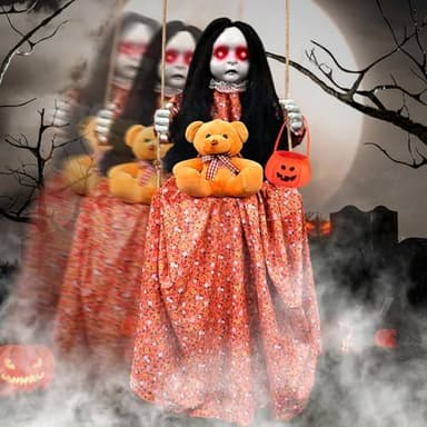 4.92 Ft Halloween Swinging Girl Doll Scary Hanging Halloween Decorations Outdoor Indoor Creepy Doll Ghosts Zombie Large Sound Touch Activated Light Up Eyes Spooky Expression Yard Haunted House Decor