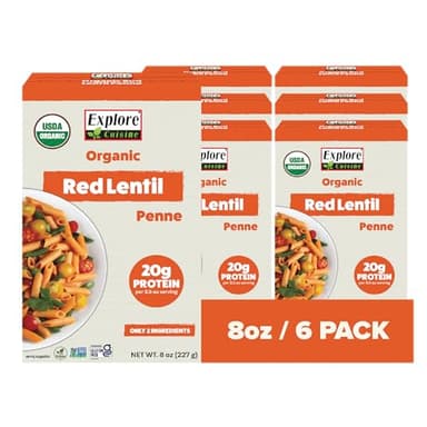 EXPLORE CUISINE Organic Red Lentil Penne - High Protein & Fiber, Gluten Free Pasta, Easy to Make - Organic, Non GMO - 24 Total Servings, 8 Ounce (Pack of 6)