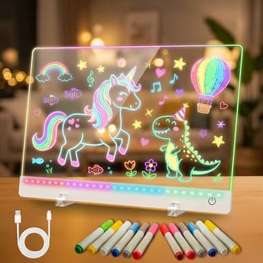 Rechargeable LED Drawing Board for Kids - 17" Flicker-Free Glow Doodle Drawing Pad with 11-Color Light Modes, Soft Light Dry Erase Note Board with Stand, Hanging Chain, 12 Markers, Gifts for Kids