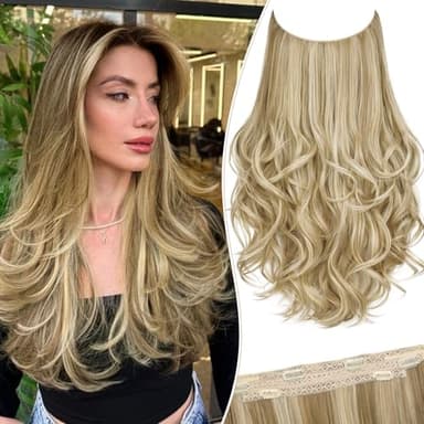 Kurope Layered Halo Hair Extensions with Invisible Wire Light Blonde Mixed Bleach Blonde Hair Extensions with and 6 Secure Clips 20’’ Long Wavy Layered Synthetic Hair Extensions for Women