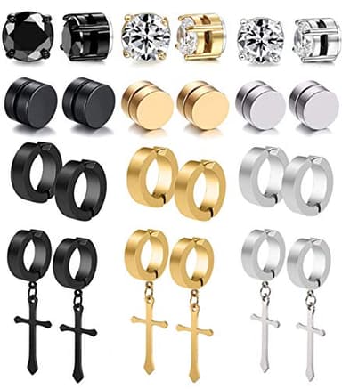 WAINIS 12 Pairs Stainless Steel Non Pierced Magnetic Earrings for Men Women CZ Clip on Dangle Magnet Earrings Set