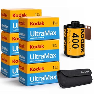 Kodak Ultramax 400 35mm Film Roll (24 Exposures) – 6 Rolls + Sturdy Tiger Film Storage Case, Black
