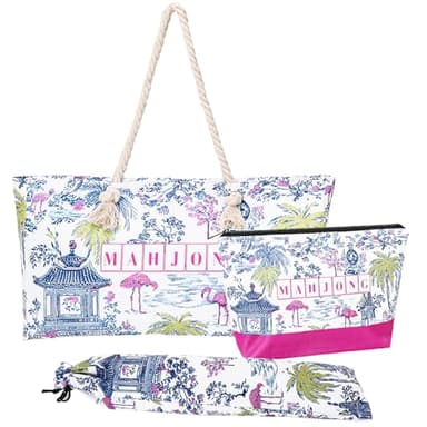 FYSUIMU Pavilion Empty Mahjong Bag Set Flamingo Coconut Trees Mahjong Carrying Bag with Handle Tile Bags and Drawstring Bags for Travel Party Game Accessories