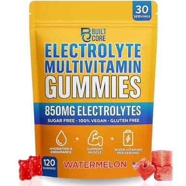BuiltCore Electrolyte Gummies Sugar Free | Watermelon Recovery & Antioxidant Supplements for Energy, Instant Hydration & Post-Workout Performance | Energy Gummies Calcium & Vitamin C, Vegan, 120 Count