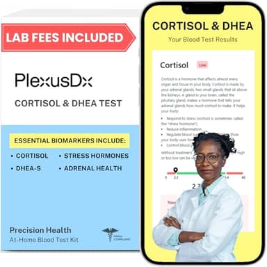 PlexusDx Cortisol Test Kit at Home | Hormone Test Kit Includes Vital Biomarkers for Stress and Adrenal Support | Determine Cortisol Supplements or DHEA Supplement Needs