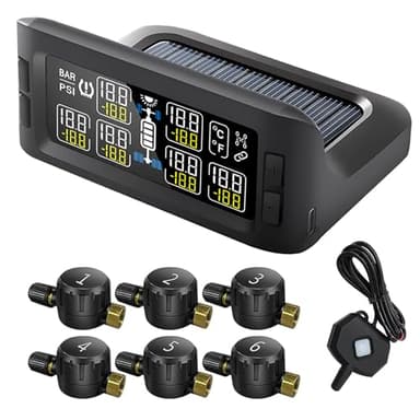 B-Qtech Trailer RV TPMS Solar Tire Pressure Monitoring System with 6 Flow Thru Sensors & Signal Repeater, 7 Alarm Modes Real Time Display Pressure Tempereture for RVs Trailers Bus Motorhome Truck