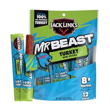 Jack Link’s x MrBeast Turkey Mini Sticks, As Seen on Beast Games, 8g Protein, Made with 100% All Natural Turkey, Zero Sugar, Pantry-Ready Snacks, 12 Count
