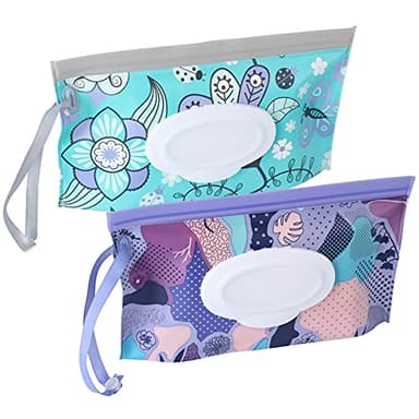 FEBSNOW 2 Pack Baby Wipe Dispenser, Reusable Portable Wipe Holder, Baby Wipes Container, Travel Baby Wipes, Refillable Wet Wipe Pouch (Floral)