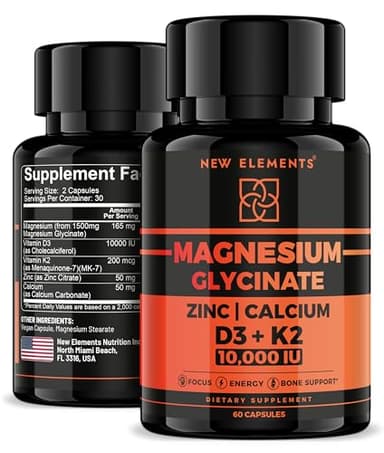 Magnesium Glycinate 1500mg with Vitamin D3 K2 + Zinc & Calcium | D3 10,000 IU | K2 200mcg | Calcium 50mg | Zinc 50mg | Bone, Muscle & Immune Support for Women & Men - Vegan - Non-GMO