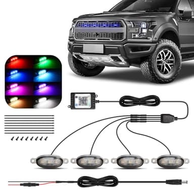 FICOLPO 4 Pcs Led Universal RGB Grille Lights Compatible with Raptor Style Ford F150 for Dodge Ram 1500 Tundra with APP Control - LED Front Daytime Running Light Accessories with Fuse Harness Upgraded