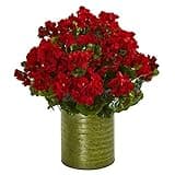 Nearly Natural Geranium Artificial Metal Planter UV Resistant (Indoor/Outdoor) Silk Plants, Red