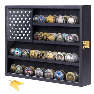 Military Challenge Coin Display Case, 16”x12” Wooden American Flag Medal Shadow Box with Anti-Fade UHD Acrylic Door, Gold-Antitheft Lock, 2 Groove Shelves and Wall Mount (Black184)