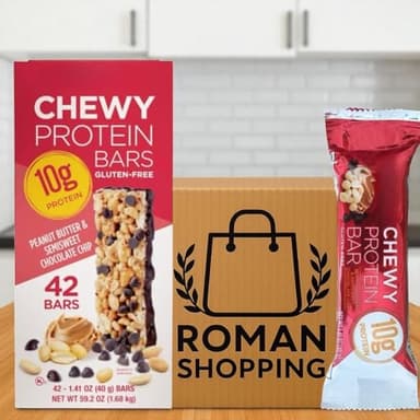 Chewy Protein Bars, Peanut Butter & Semisweet Chocolate Chip – Quality Kirkland – Gluten Free, 10g Protein, 1.41 oz, 42 Count