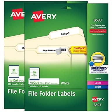 Avery File Folder Labels with TrueBlock Technology, Permanent Adhesive, 2/3" x 3-7/16", Laser/Inkjet, 2-Pack, 300 Labels Total (28593)