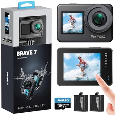 AKASO Brave 7 Action Camera 4K30FPS 20MP with 256GB U3 MicroSDXC Memory Card, Waterproof Camera with Touch Screen IPX8 33FT EIS 2.0 Zoom Support External Mic Voice Control with 2X 1350mAh Batteries