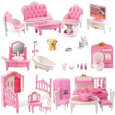 Xadothat Dollhouse Furniture Set, Complete Room Collection with Kitchen, Dining, Living Room, Bedroom and Bathroom Accessories, Plastic (36-Piece Pink)