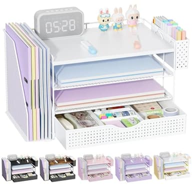 gianotter Wood Desk Organizers and Accessories with File Holder, 4-Tier Desk Accessories & Workspace Organizers with Drawer and Pen Holder, Paper Organizer for Office Supplies (White)