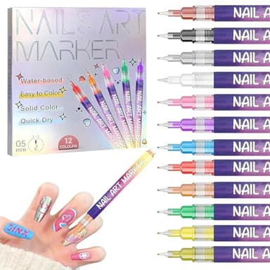 YUEUR 12 Colors Nail Art Pens Set, Fine Tip Nail Polish Pen Markers, Quick Dry Nail Art Kit for DIY Home Salon, Professional Nail Art Tools, Manicure Set Gift for Adults Beginners