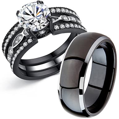 MABELLA Couple Rings Black Men’s Titanium Matching Band Women CZ Stainless Steel Engagement Wedding Sets Size Women 7 Men 10