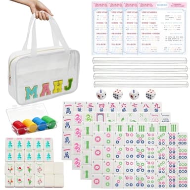 Mini Mahjong Set,American Mahjong Game Set,Complete Mahjong Tile Set with 166 White Tiles (1.2’’),4 Tile rulers,4 dice,1 Bag,100 Chips,5 Instruction Manuals,Mahjong Game Gift for Enthusiasts