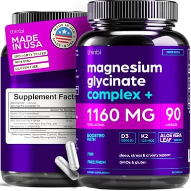 Magnesium Glycinate 1160mg + Aloe Vera, D3 & K2 Complex 90 Capsules - High Absorption, Non-Laxative - Supports, Muscle Function & Healthy Metabolism Chelated Formula