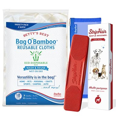 StripHair Pet & Home Bundle 3 piece kit: Gentle Groomer 6-in-1 Shedding Tool Groom Massage Storage Pouch, Bag O' Bamboo Dry Cloth Wipes variety pack