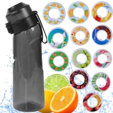 Air Scent Water Bottle with 12 Flavor Pods 650ML Fruit Fragrance Scented Water Cup BPA Free 0% Sugar For Fitness And Outdoor (1 Bottle Black+12 pods in random flavors)